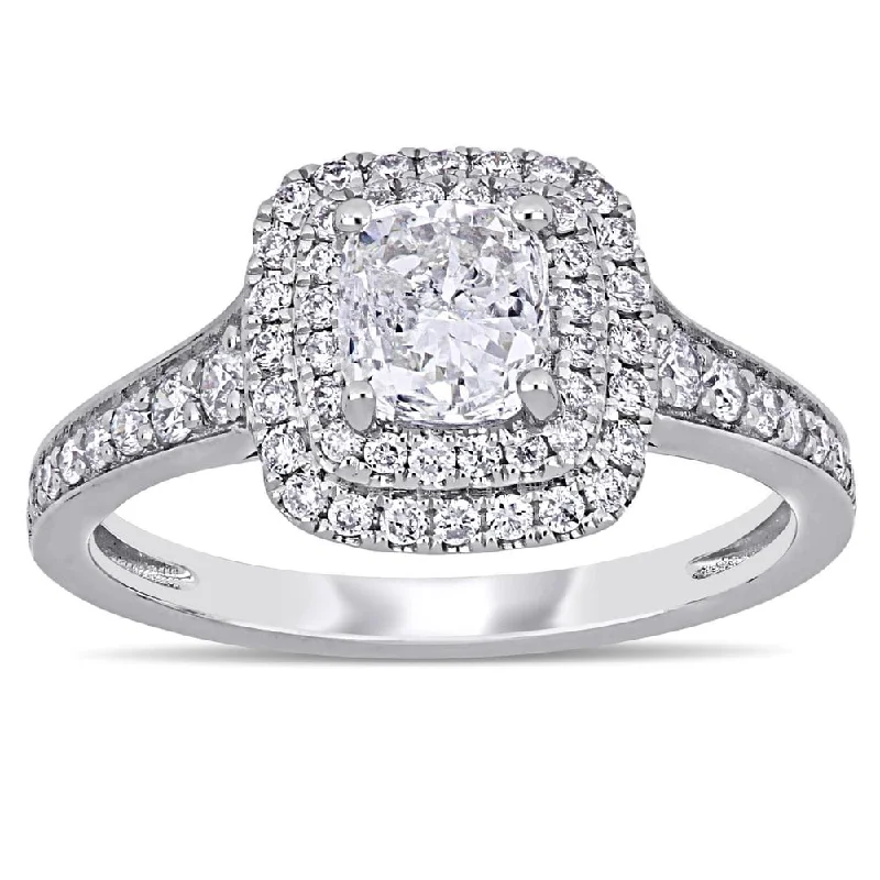 Affordable engagement rings for women-Miadora Signature Collection 14k White Gold 1 1/2ct TDW Cushion Diamond Double Square Halo Engagement Ring