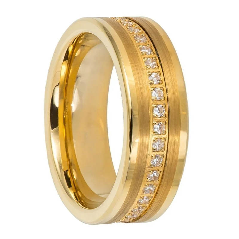 Gold band rings for women-Eternity Cubic Zirconia Gold Tungsten Men's Wedding Band