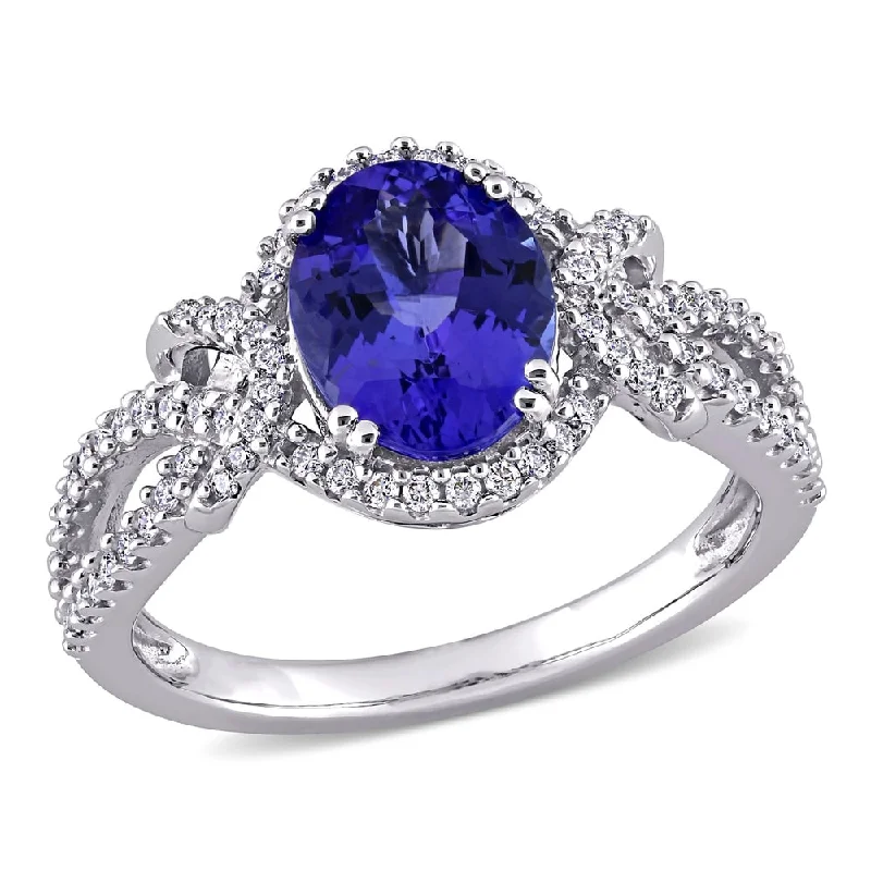 Modern engagement rings for women-Miadora 14k White Gold Oval-cut Tanzanite & 1/3ct TDW Diamond Halo Split Shank Engagement Ring