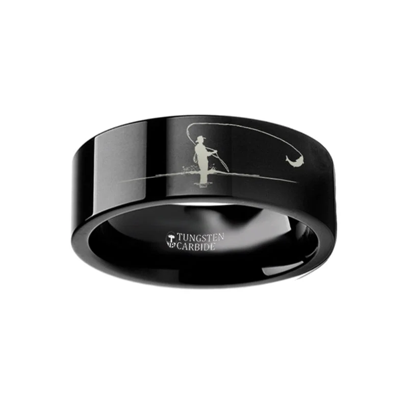 Luxury diamond rings for women-Fly Fisherman Landscape Scene Black Tungsten Men's Wedding Band