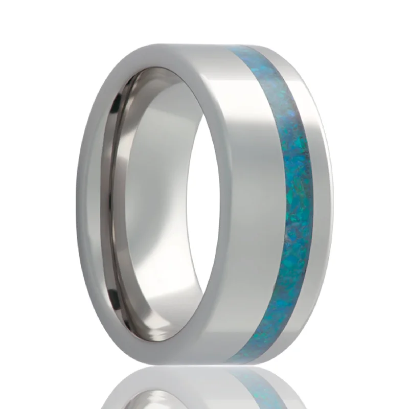 Custom rings with initials for women-Asymmetrical Blue Opal Inlay Tungsten Wedding Band