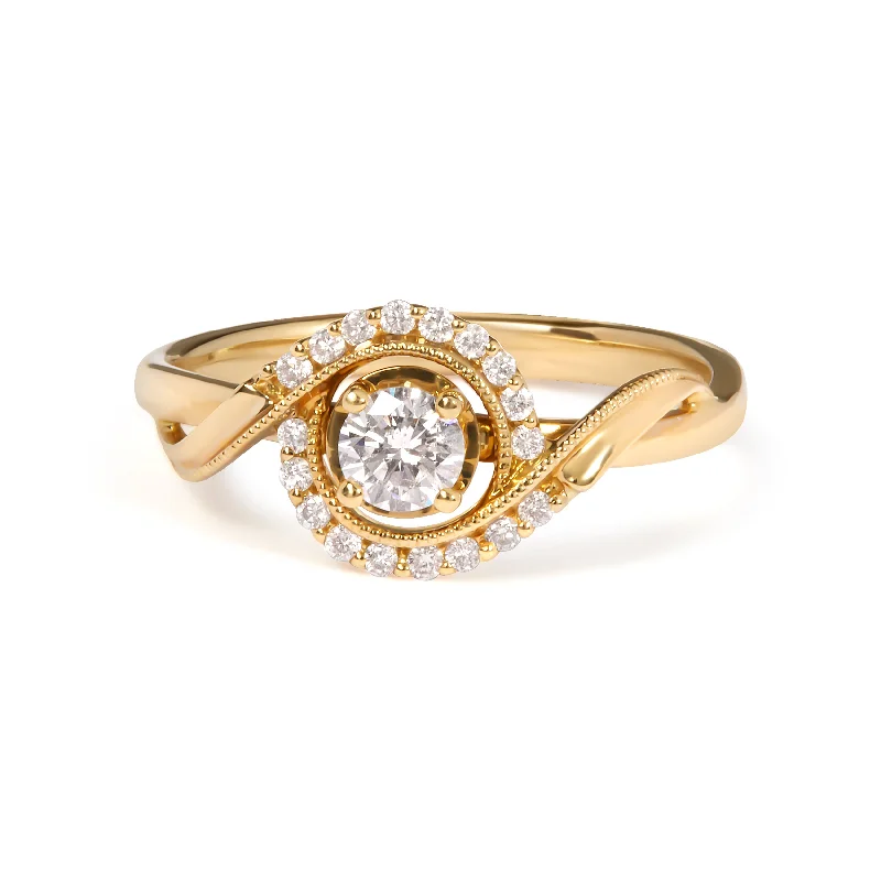 Engagement rings with unique band designs-14K Yellow Gold 1/3 Cttw Diamond Solitaire and Halo Swirl Engagement Ring- Size 7