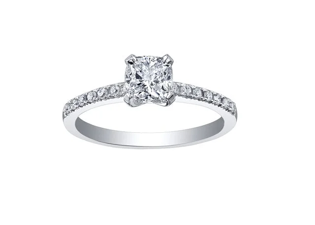 Engagement rings with three-stone settings-18kt White Gold 1.18cttw Engagement Ring With Cushion Cut Canadian Center