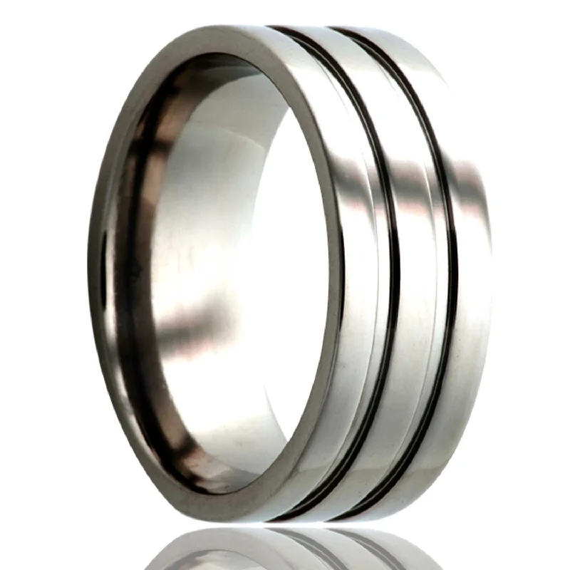 Women’s rings with intricate designs-Dual Grooved Titanium Wedding Band