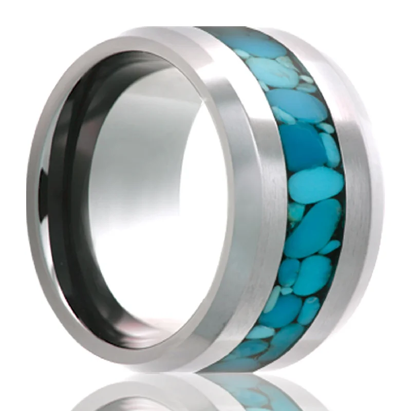 Women’s gemstone rings with blue stones-Turquoise Inlay Tungsten Wedding Band with Beveled Edges