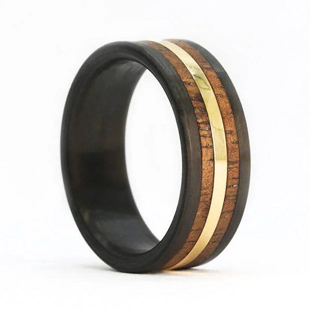 Antique rings for women-Koa Wood & Yellow Gold Inlaid Men's Carbon Fiber Wedding Band