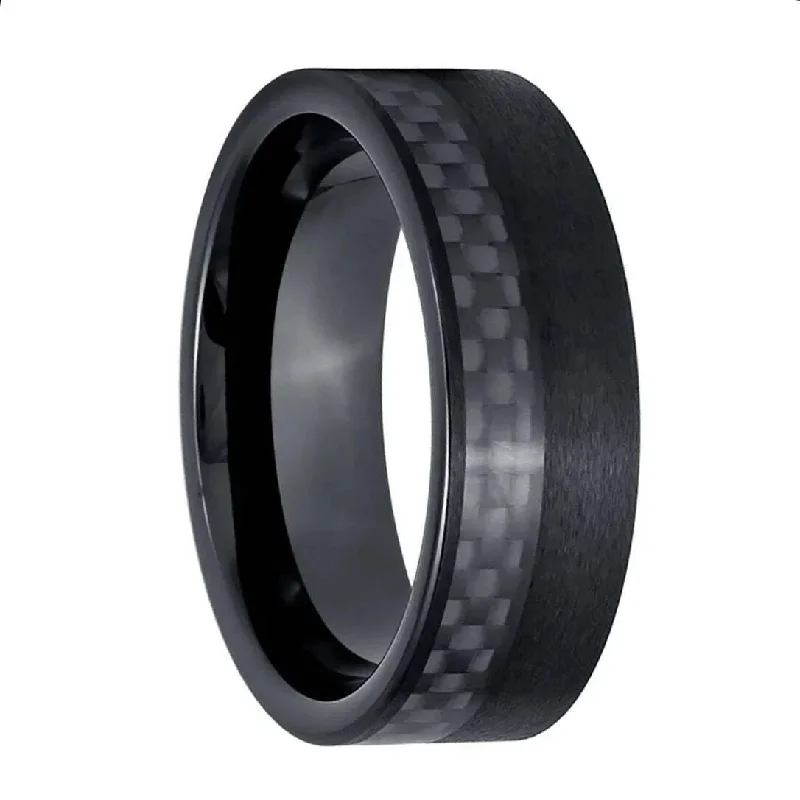 Colorful gemstone rings for women-Brushed Black Tungsten Men's Wedding Band with Half Carbon Fiber Inlay