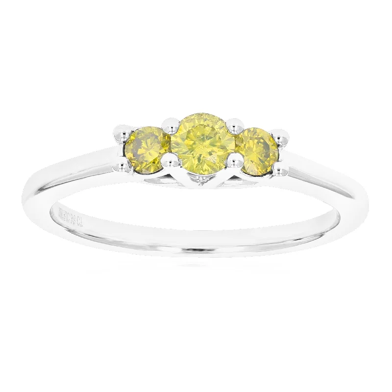 Affordable engagement rings under $1000-3/8 cttw 3 Stone Round Yellow Diamond Engagement Ring .925 Sterling Silver Prong Set