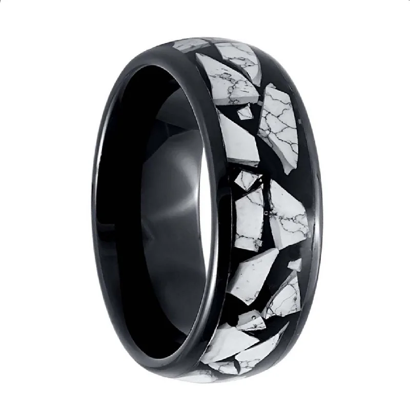 Unique rings with multicolor stones for women-Black Tungsten Men's Wedding Band with White Turquoise Inlay