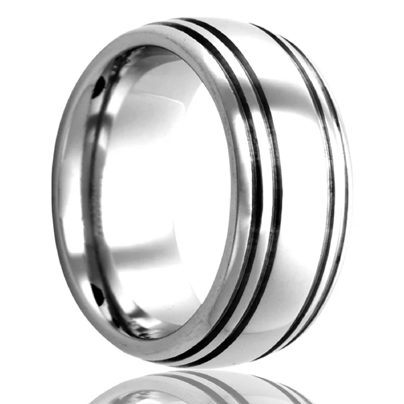 Personalized engraved rings for women-Domed Cobalt Wedding Band with Quadruple Grooves