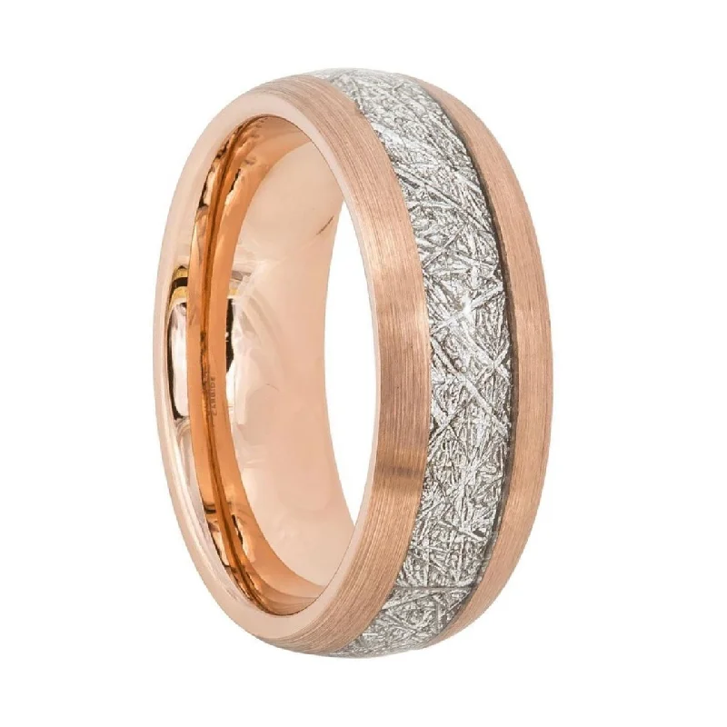 Bohemian rings for women-Domed Brushed Rose Gold Tungsten Men's Wedding Band with Imitation Meteorite Inlay