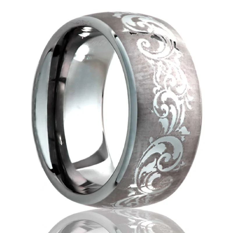 Stunning platinum rings for women-Swirl Pattern Domed Titanium Wedding Band