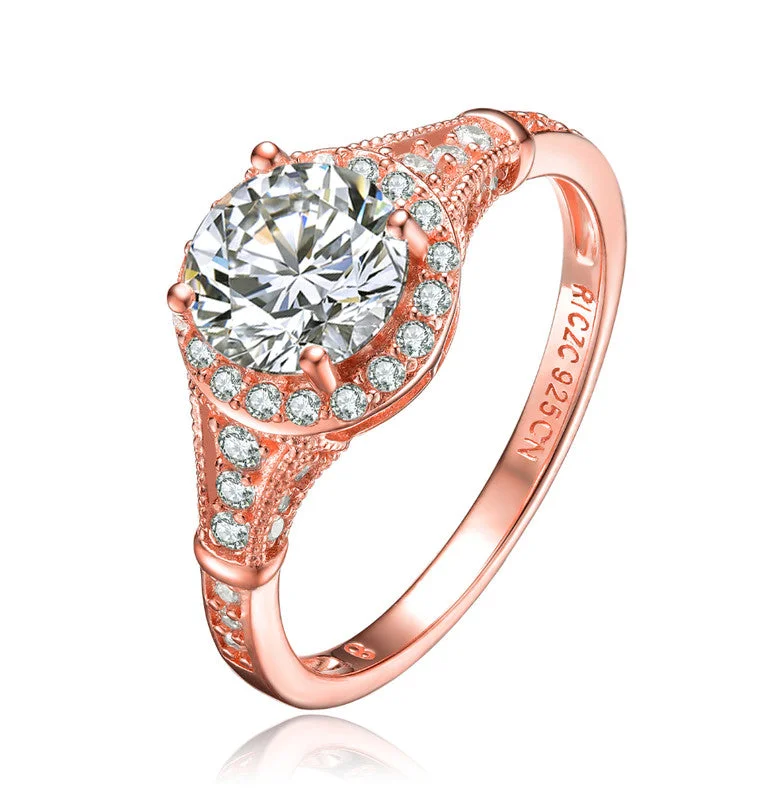 Engagement rings with opal stones-GENEVIVE Sterling Silver Rose Gold Plated Cubic Zirconia Halo Engagement Ring