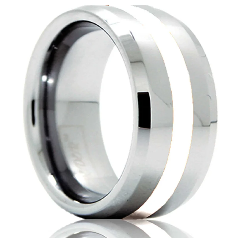 Fashion rings for women with geometric designs-Argentium Silver Inlay Tungsten Wedding Band with Beveled Edges