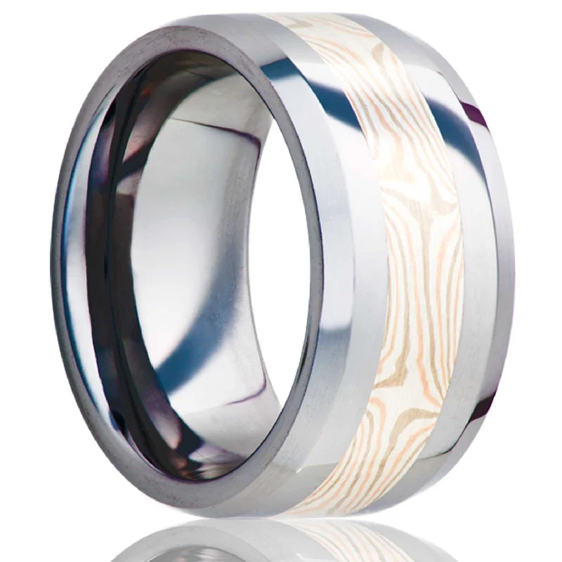 Vintage-style rings with intricate details-Rose Gold & Silver Mokume Gane Inlay Tungsten Wedding Band