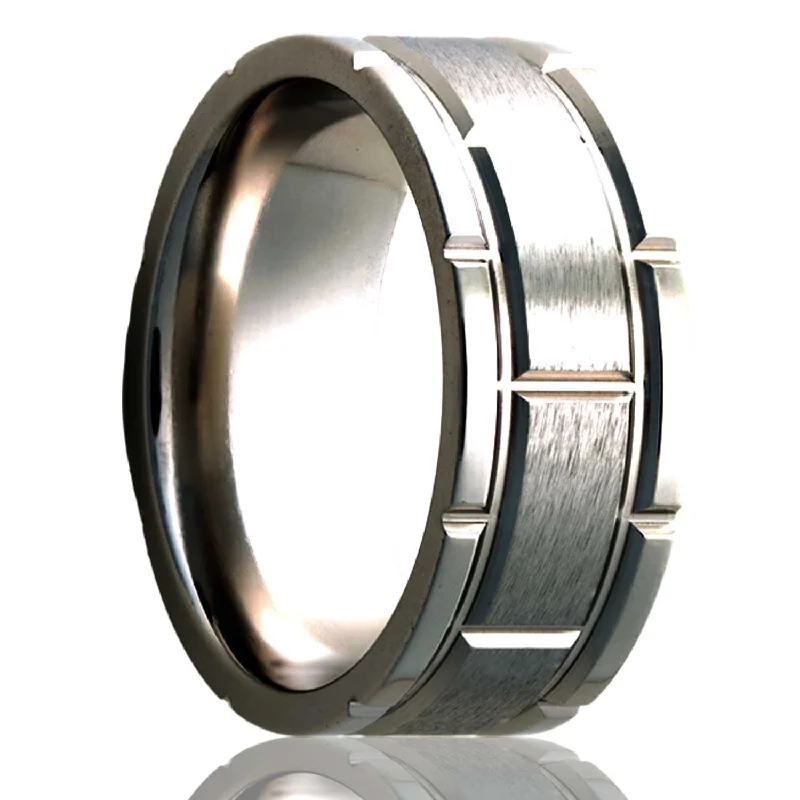 Classic wedding bands for women-Brick Pattern Satin Finish Titanium Wedding Band