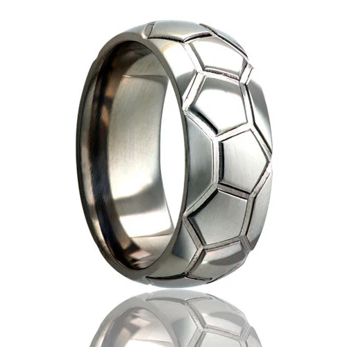 Stunning diamond engagement rings for women-Soccer Ball Pattern Domed Titanium Wedding Band