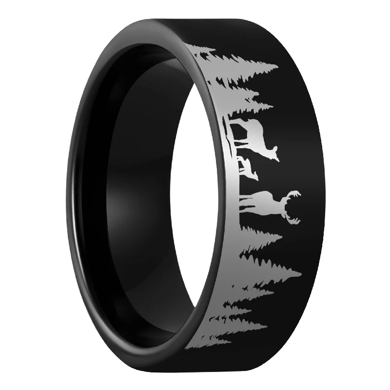 Custom birthstone rings for women-Deer & Landscape Scene Black Tungsten Men's Wedding Band