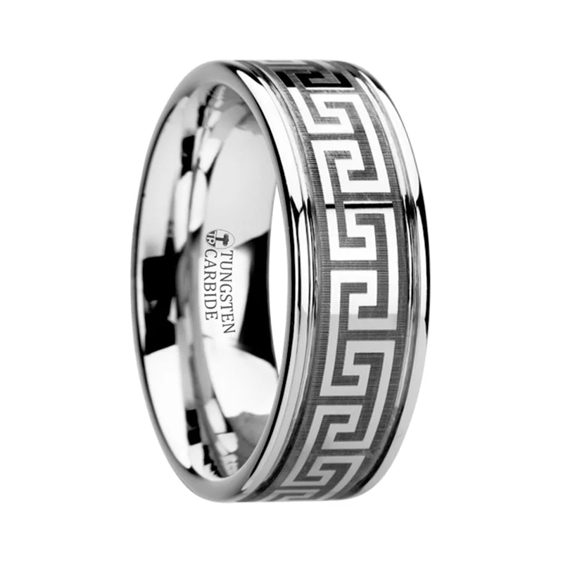 Simple silver rings for women-Grooved Tungsten Wedding Band with Greek Key Design