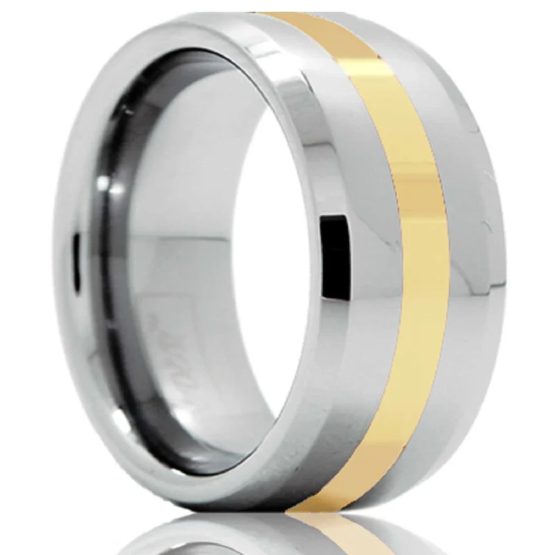 Affordable diamond rings for women-14k Yellow Gold Inlay Tungsten Wedding Band with Beveled Edges