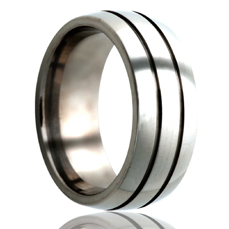 Personalized rings for women with diamonds-Domed Titanium Wedding Band with Dual Grooves