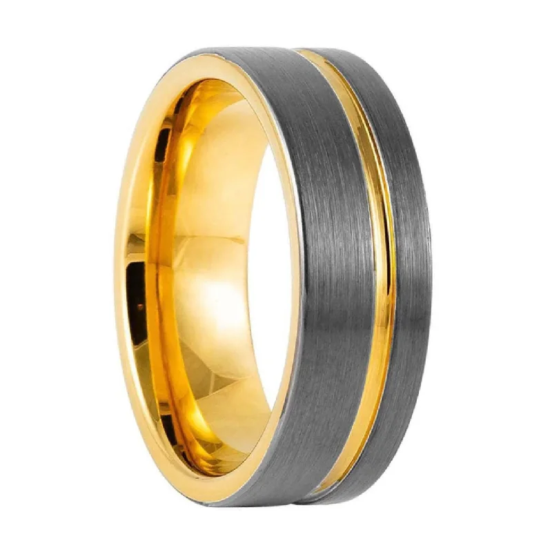 Classic diamond rings for women-Asymmetrical Gold Grooved Gunmetal Gray Tungsten Men's Wedding Band