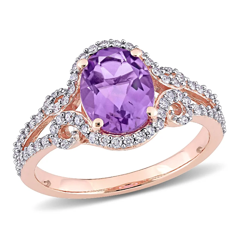 Engagement rings with yellow sapphires-Miadora 14k Rose Gold Oval-cut Amethyst and 1/3ct TDW Diamond Halo Split Shank Engagement Ring