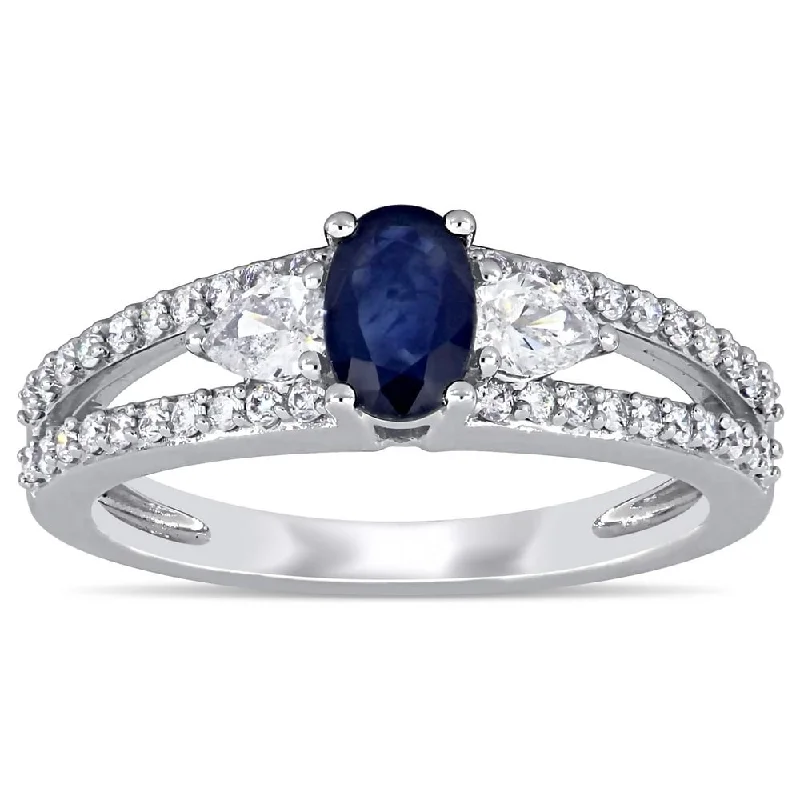 Engagement rings with black onyx stones-Miadora 14k White Gold Blue Sapphire and 1/2ct TDW Split Shank Engagement Ring