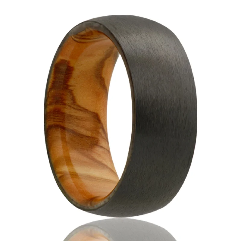 Stunning platinum rings for women-Domed Satin Zirconium Wedding Band with Olive Wood Center