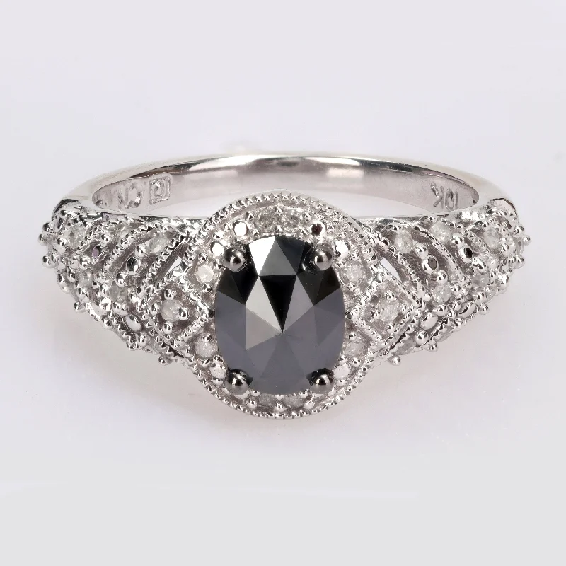 Affordable engagement rings with diamonds-Miadora 10k White Gold 1ct TDW Oval-cut Black and White Diamond Halo Vintage Engagement Ring