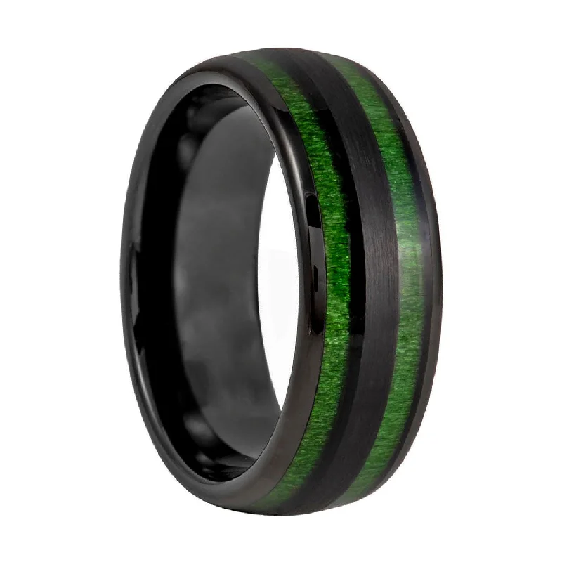 Unique design rings for women-Dual Green Wood Inlaid Black Tungsten Men's Wedding Band