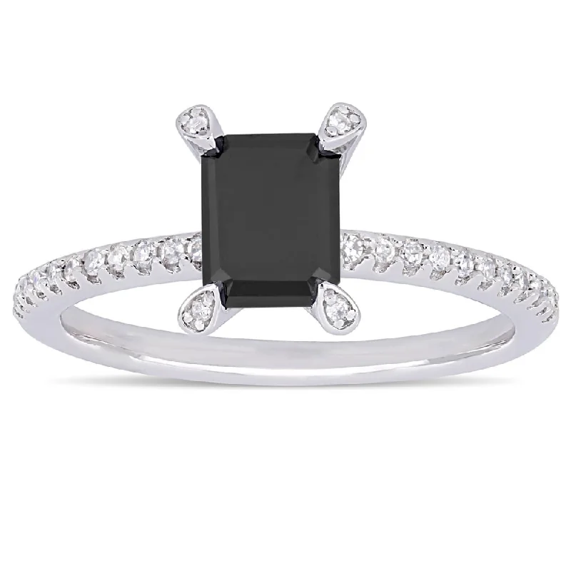 Engagement rings with princess cut diamonds-Miadora 10k White Gold 1 1/10ct TDW Emerald-cut Black and White Diamond Engagement Ring