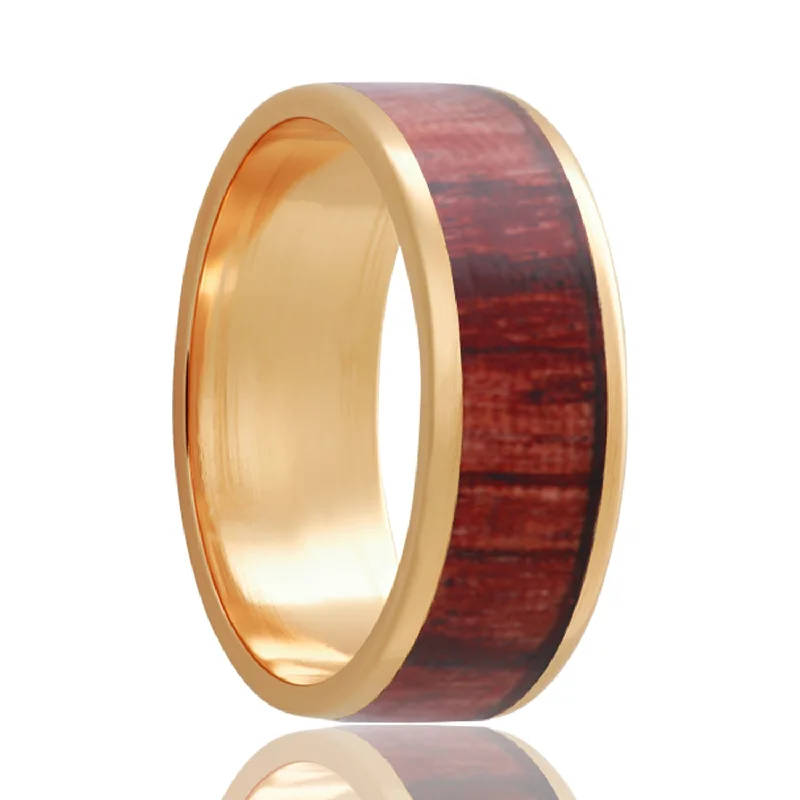 Antique rings for women-Cocobolo Wood Inlay 14k Yellow Gold Wedding Band