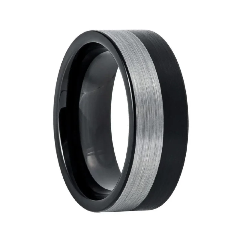 Women’s rings with crystal designs-Black & Silver Tungsten Men's Wedding Band