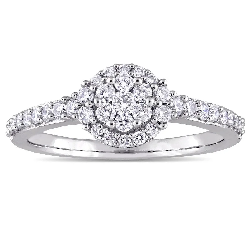 Engagement rings with princess cut diamonds-Miadora 14k White Gold 1/2ct TDW Diamond Floral Cluster Halo Engagement Ring