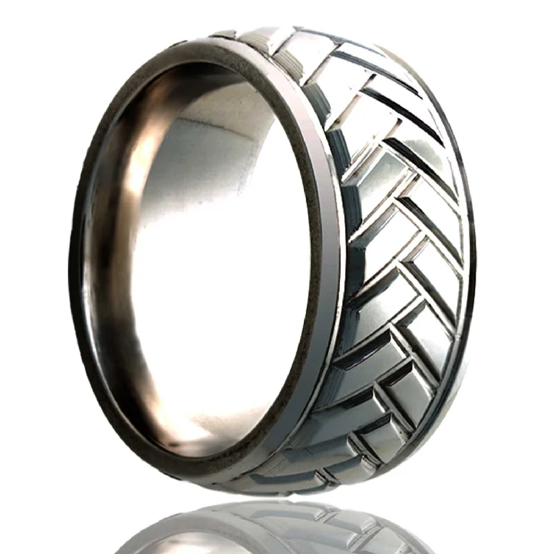 Fashion rings for women with colored stones-Herringbone Pattern Domed Titanium Wedding Band