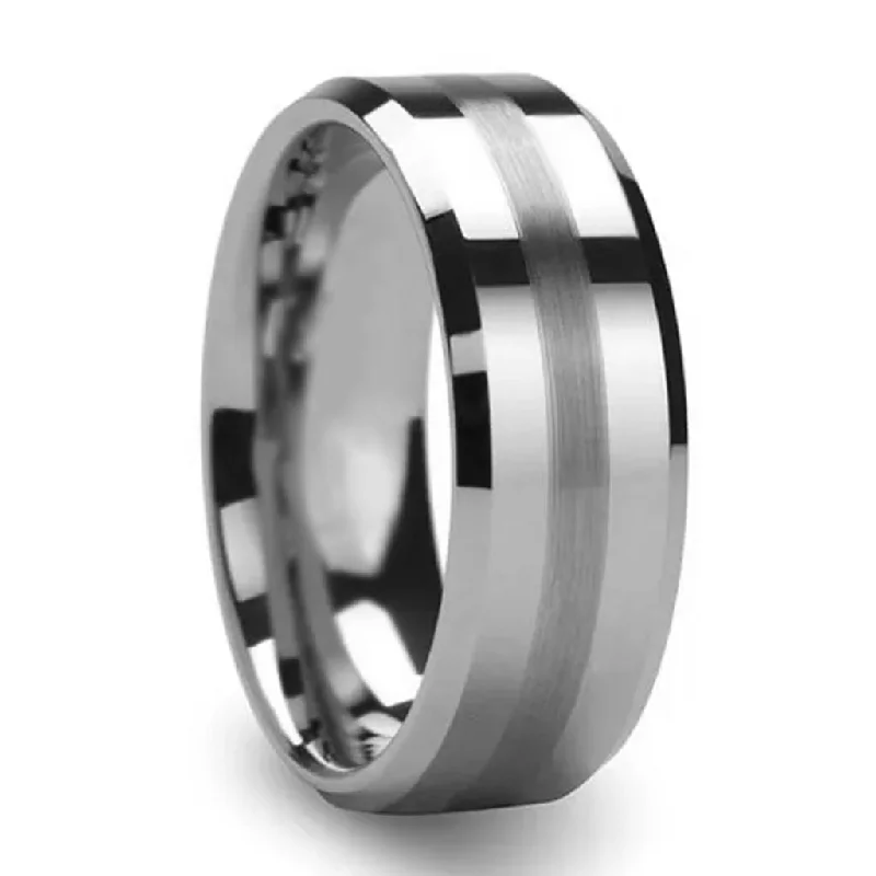 Women’s fashion rings with floral accents-Brushed Stripe Tungsten Men's Wedding Band