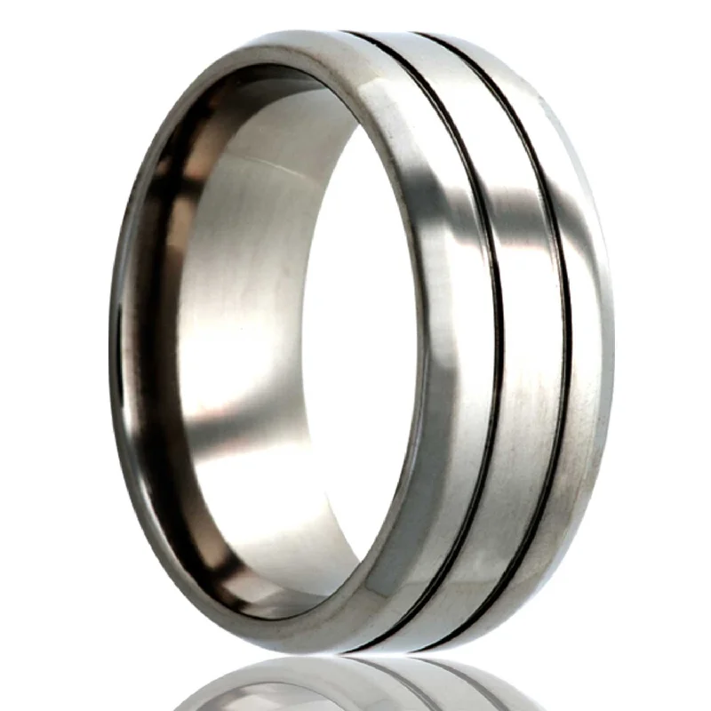 Women’s rings with unique metal finishes-Grooved Titanium Wedding Band with Beveled Edges