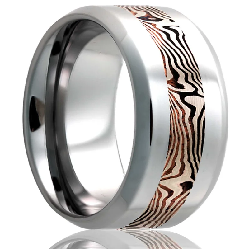 Affordable diamond rings for everyday wear-14k White Gold & Shakudo Mokume Gane Inlay Tungsten Wedding Band with Beveled Edges