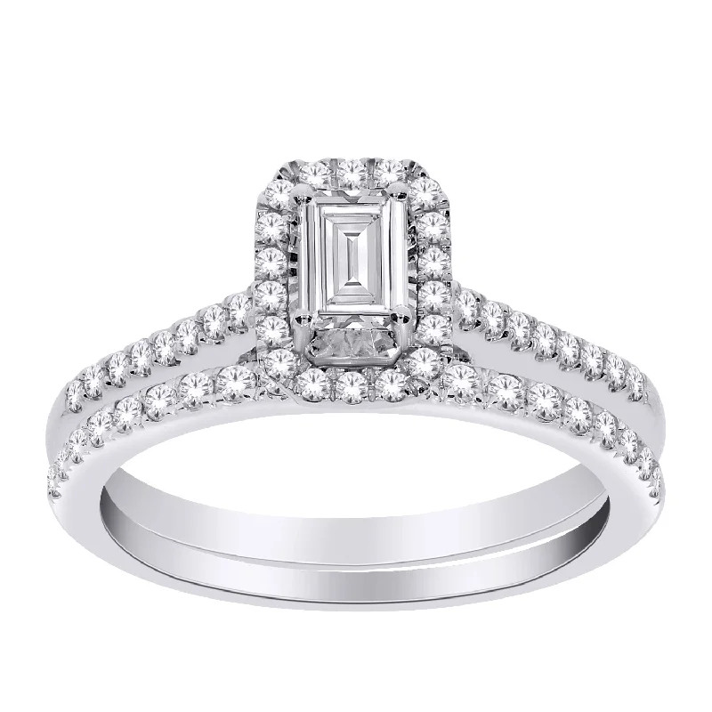 Modern engagement rings with sleek designs-14kt White Gold 1.00cttw Emerald Halo Engagement Ring and Wedding Band Set