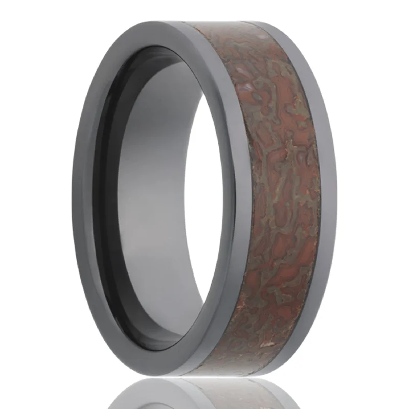 Unique cocktail rings for women-Red Dinosaur Bone Inlay Ceramic Wedding Band