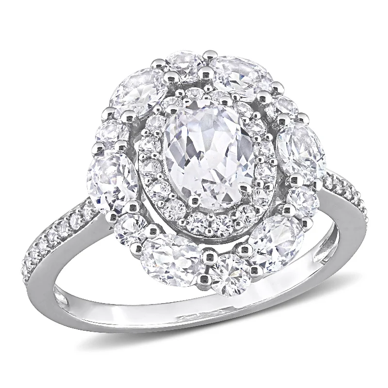 Unique engagement rings with engraved designs-Miadora 3 1/2ct TGW Created White Sapphire Fancy Halo Engagement Ring in 10k White Gold