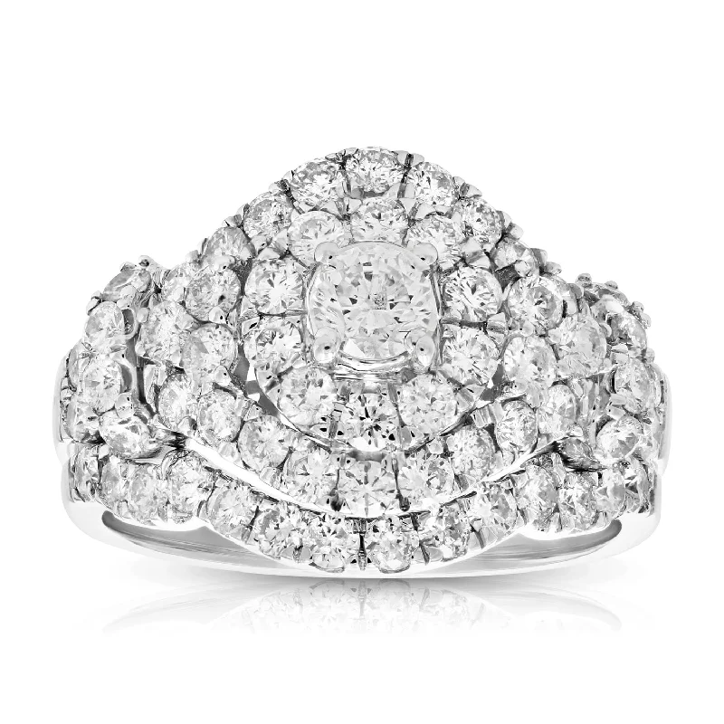 Vintage-inspired engagement rings for women-2 cttw Diamond Wedding Engagement Ring Set 14K White Gold Cluster Bridal Design