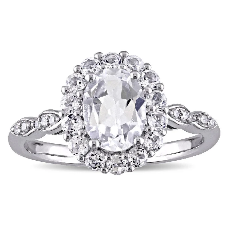 Engagement rings with heart-shaped diamonds-Miadora 14k White Gold Oval-cut White Topaz and Diamond Accent Halo Engagement Ring