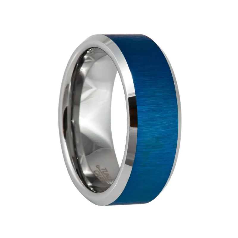 Simple gold rings for women-Blue Tungsten Men's Wedding Band with Contrasting Interior