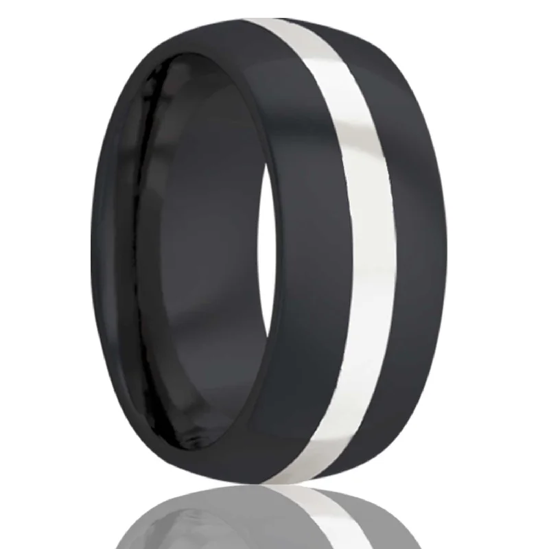 Trendy silver rings for women-Argentium Silver Inlay Domed Zirconium Wedding Band