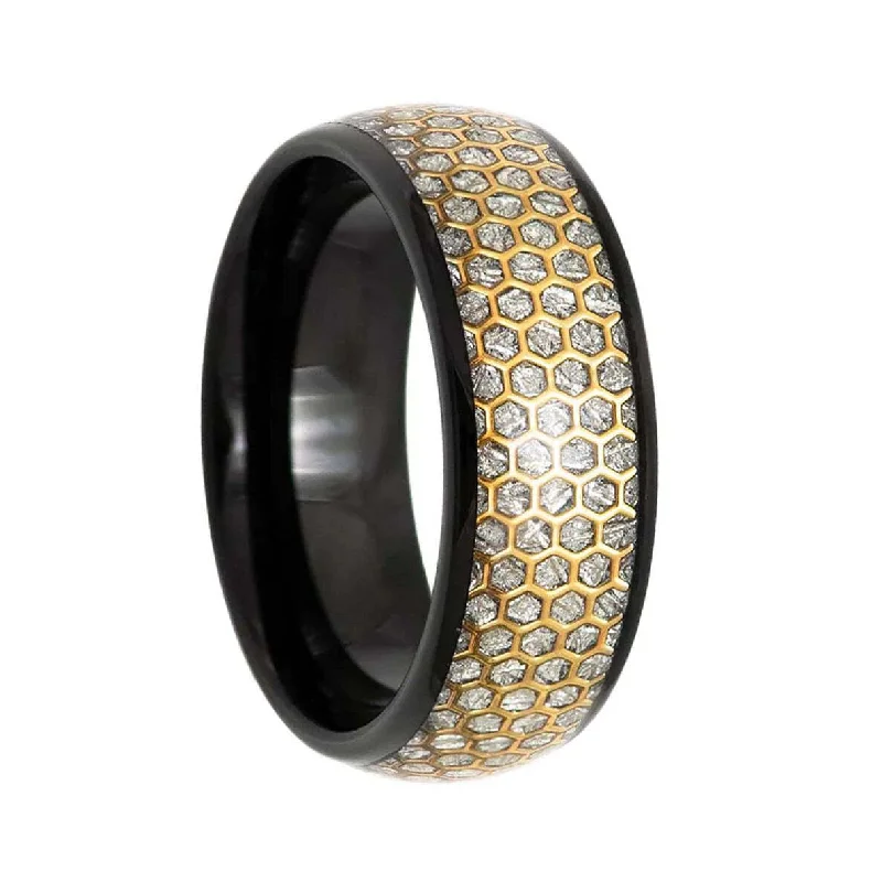 Stunning platinum rings for women-Imitation Meteorite & Gold Hexagon Honeycomb Inlay Black Tungsten Men's Wedding Band