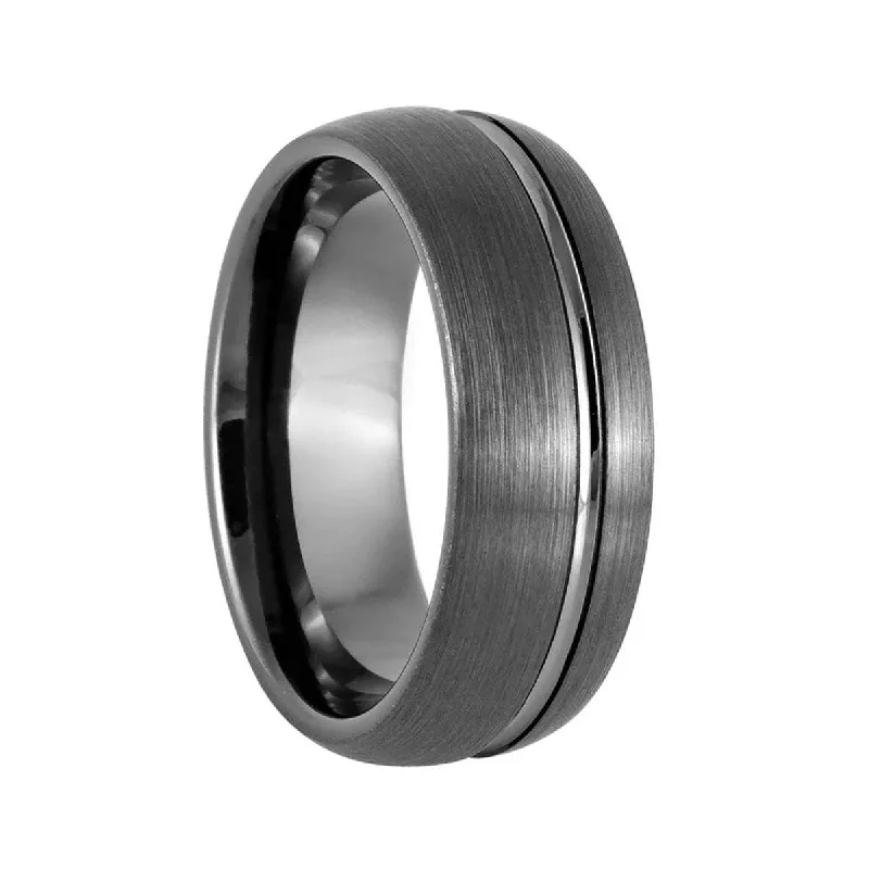 Rose gold rings for women with diamonds-Asymmetrical Grooved Brushed Gunmetal Gray Tungsten Men's Wedding Band