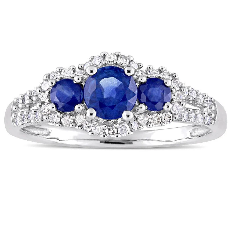 Affordable engagement rings with diamonds-Miadora Signature Collection 10k White Gold Sapphire and 1/4ct TDW Diamond 3-Stone Halo Engagement R - Blue