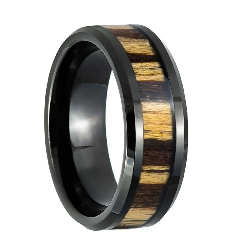 Personalized engraved rings for women-Zebra Wood Inlay Black Tungsten Men's Wedding Band